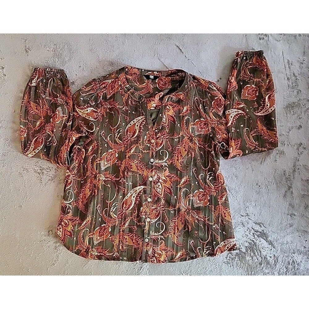 Frye Blouse Womens Size Large Green Paisley Boho Button Up Rayon Long Sleeve